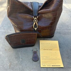 Dooney & Bourke Sac Bag Cognac Croc Embossed Leather Logo Lock Purse Pouch & Key